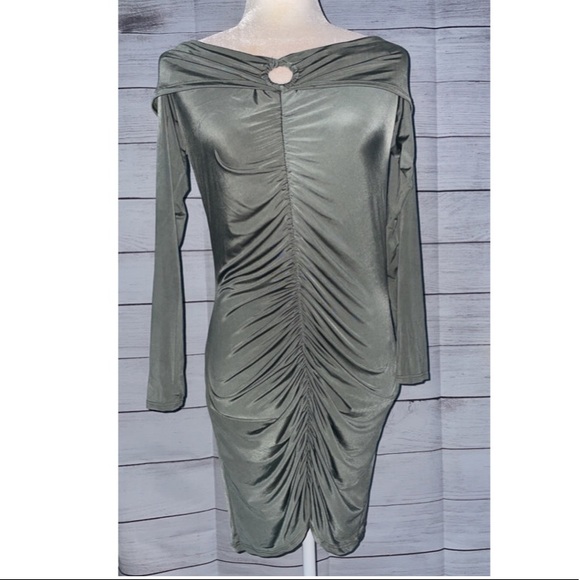 NWT PrettyLittleThing Khaki Ring Detail Bardot Slinky Bodycon Dress - Picture 6 of 7
